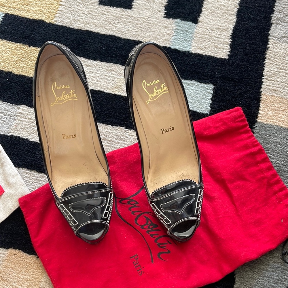Louboutin white stitch peep toe stilettos